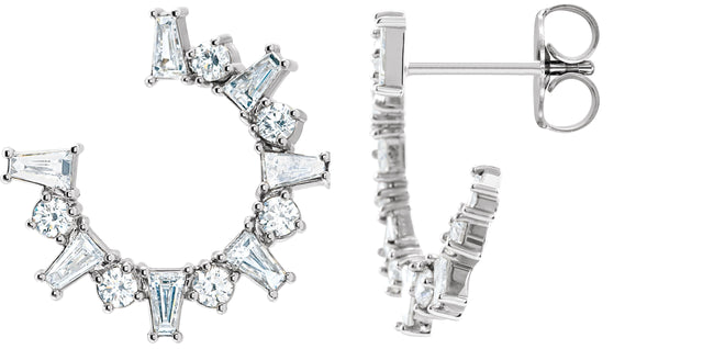 Platinum Tapered Baguette Natural Diamond Baguette Front-Facing Hoop Earrings