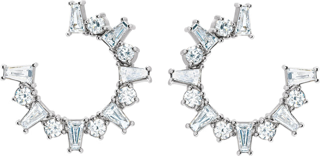 14K Gold Tapered Baguette Natural Diamond Baguette Front-Facing Hoop Earrings - White Gold - view 2