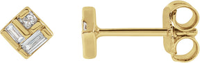 14K Gold Straight Baguette Natural Diamond Geometric Earrings - Yellow Gold