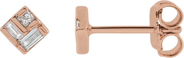 14K Gold Straight Baguette Natural Diamond Geometric Earrings - Rose Gold