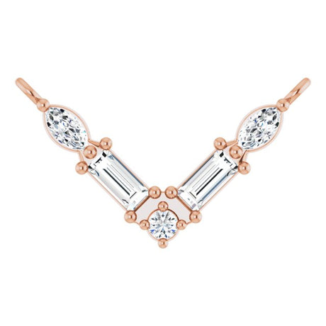 14K Gold Straight Baguette Natural Diamond Petite V Necklace - Rose Gold