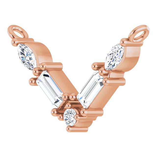 14K Gold Straight Baguette Natural Diamond Petite V Necklace - Rose Gold - view 2