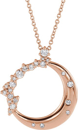 14K Gold Round Natural Diamond Crescent Moon Necklace or Pendant - Rose Gold