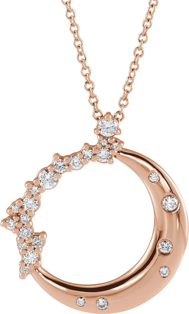 14K Gold Round Natural Diamond Crescent Moon Necklace or Pendant - Rose Gold