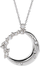 14K Gold Round Natural Diamond Crescent Moon Necklace or Pendant - White Gold