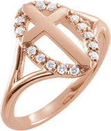 14K Gold Round Natural Diamond Halo-Style Cross Ring - Rose Gold