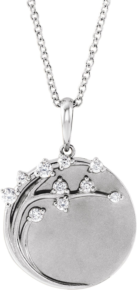 14K Gold Round Natural Diamond Engravable Family Tree Necklace or Pendant - White Gold
