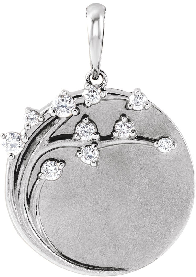 14K Gold Round Natural Diamond Engravable Family Tree Necklace or Pendant - White Gold
