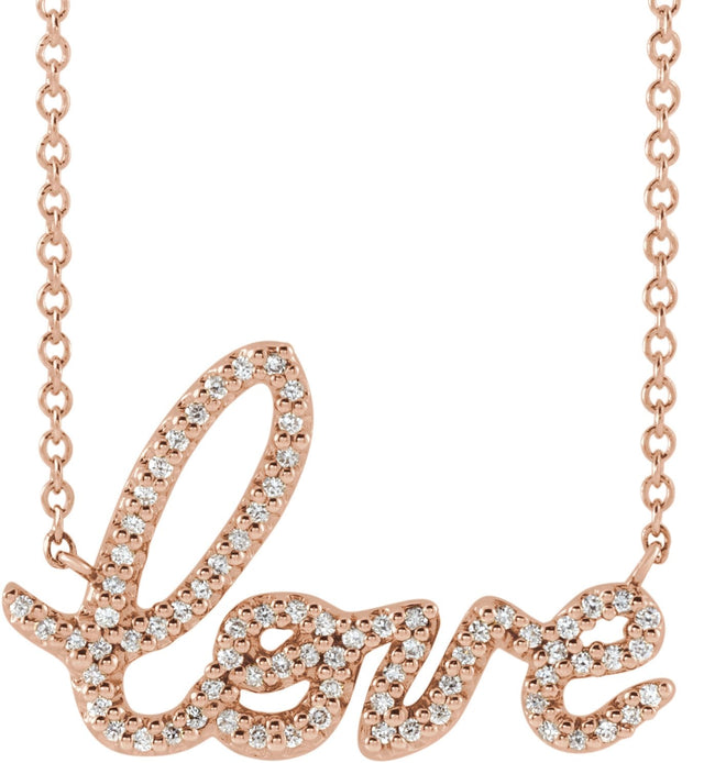 14K Gold Round Natural Diamond Love Necklace II - Rose Gold