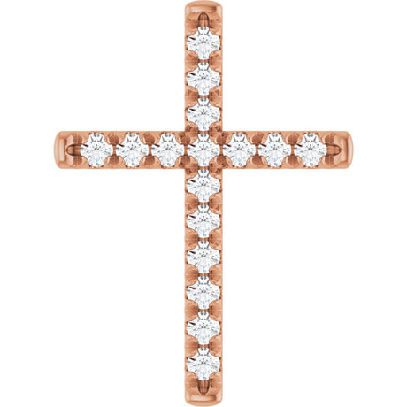 14K Gold Round Natural Diamond French-Set Cross Necklace or Pendant - Rose Gold