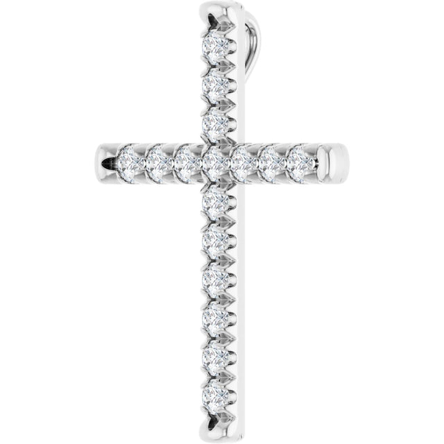 14K Gold Round Natural Diamond French-Set Cross Necklace or Pendant - White Gold - view 2