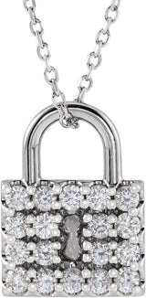 14K Gold Round Natural Diamond Lock Necklace or Pendant - White Gold