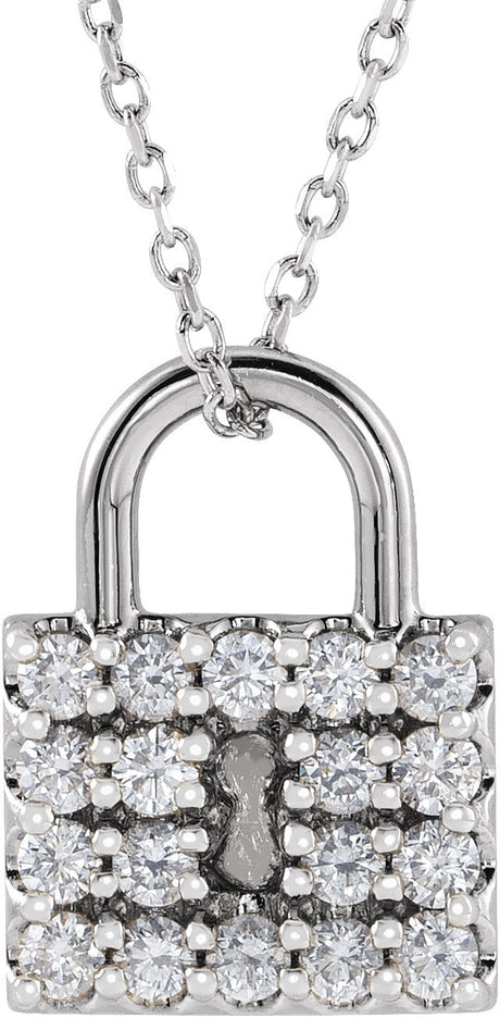 14K Gold Round Natural Diamond Lock Necklace or Pendant - White Gold