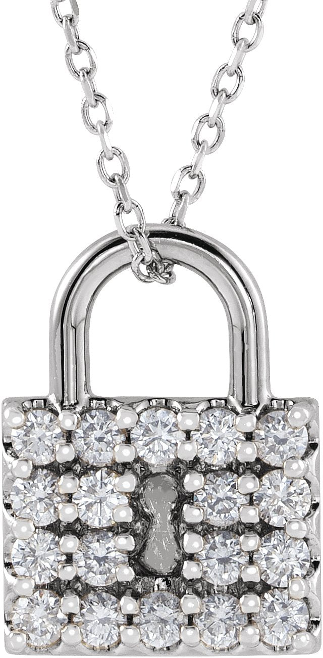 14K Gold Round Natural Diamond Lock Necklace or Pendant - White Gold