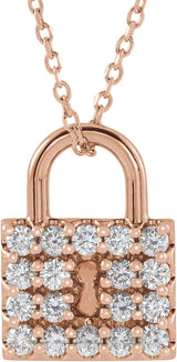 14K Gold Round Natural Diamond Lock Necklace or Pendant - Rose Gold