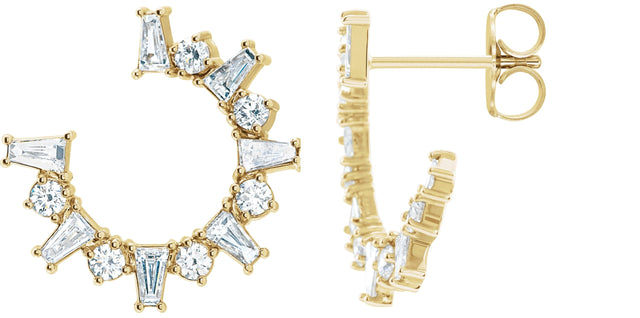 14K Gold Tapered Baguette Natural Diamond Baguette Front-Facing Hoop Earrings - Yellow Gold