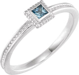 14K Gold Square Natural Aquamarine Family Stackable Ring - White Gold