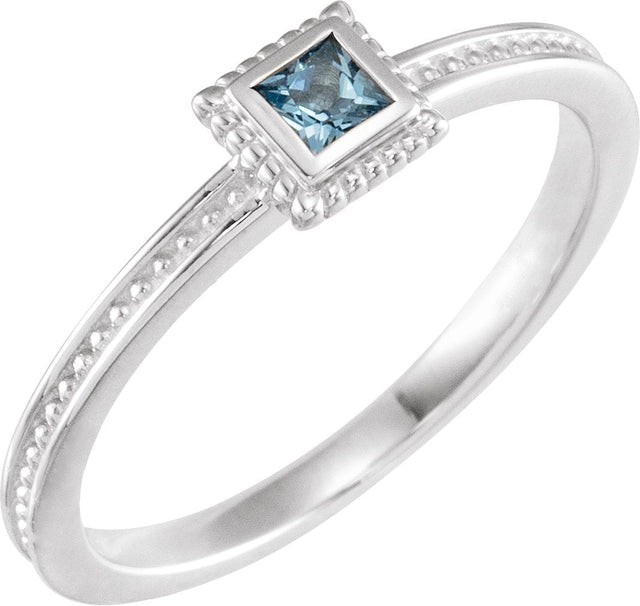 14K Gold Square Natural Aquamarine Family Stackable Ring - White Gold