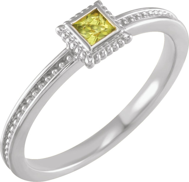 14K Gold Square Natural Peridot Family Stackable Ring - White Gold