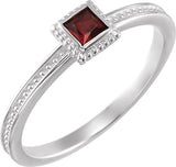 14K Gold Square Natural Mozambique Garnet Family Stackable Ring - White Gold
