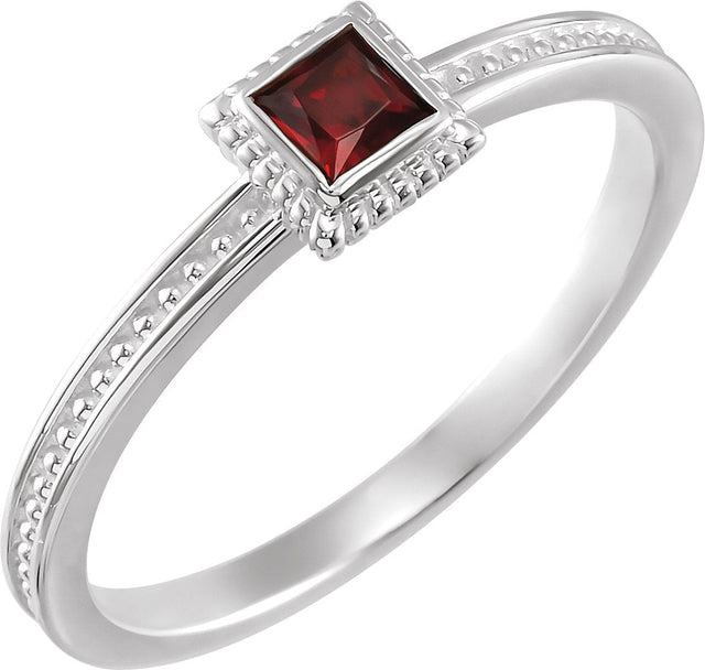 14K Gold Square Natural Mozambique Garnet Family Stackable Ring - White Gold