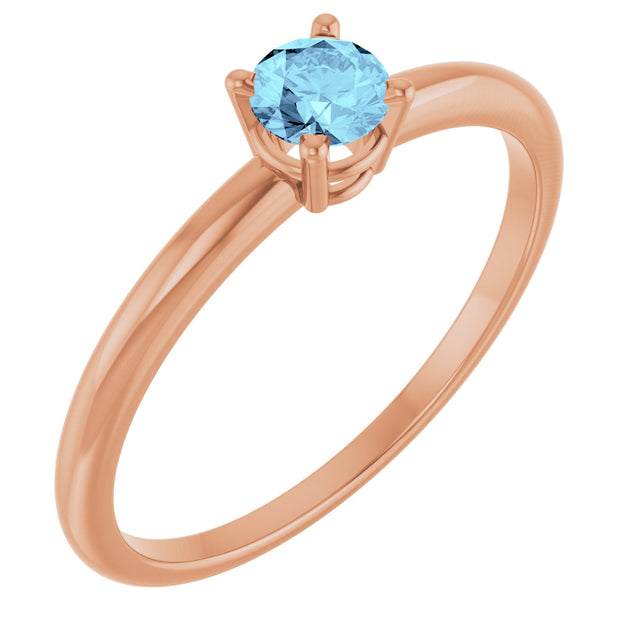 14K Gold Round Natural Aquamarine Youth Birthstone Ring - Rose Gold
