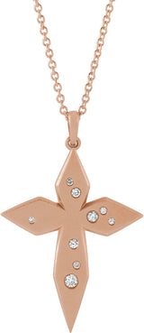 14K Gold Round Natural Diamond Accented Cross Necklace or Pendant II - Rose Gold