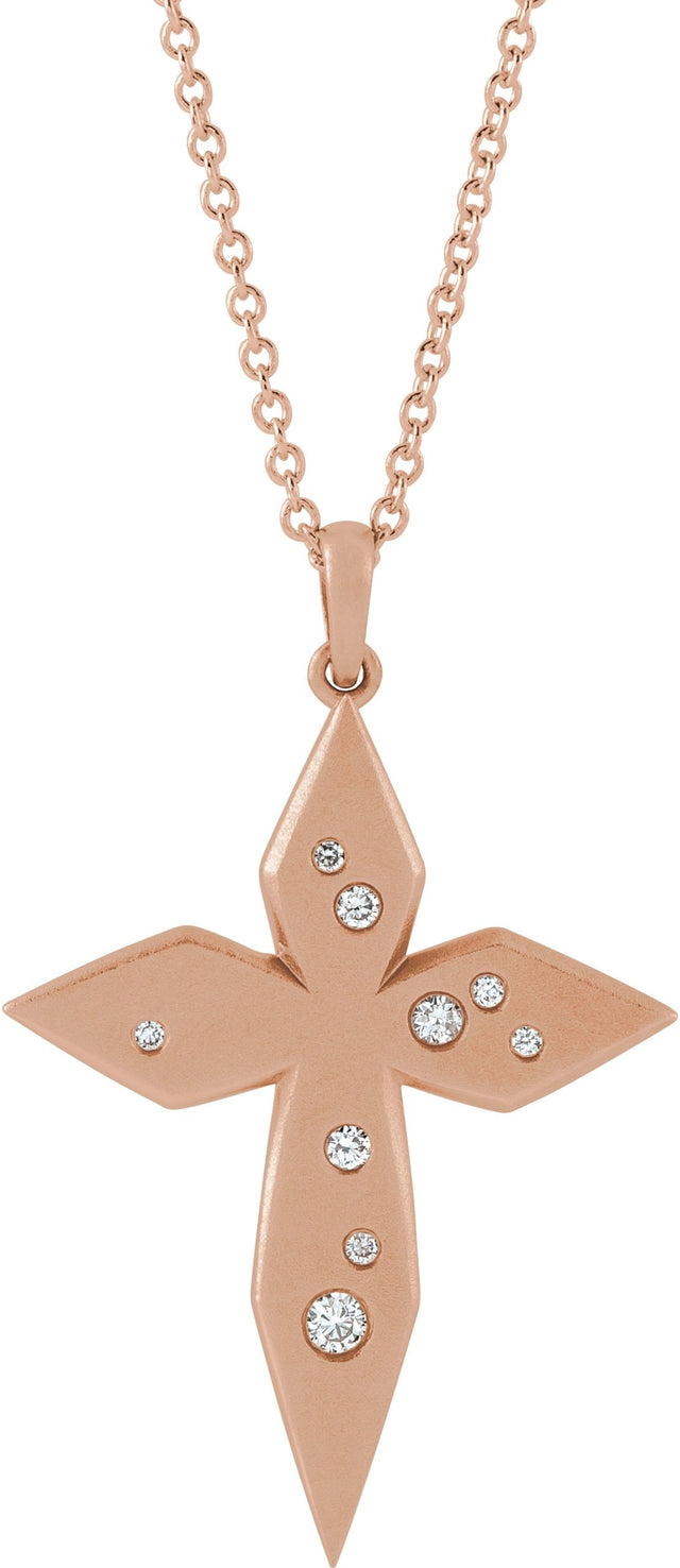 14K Gold Round Natural Diamond Accented Cross Necklace or Pendant II - Rose Gold