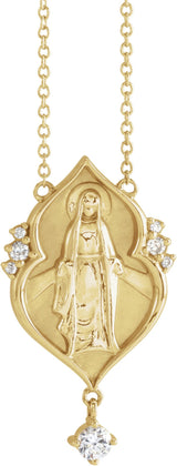 14K Gold Round Natural Diamond Miraculous Mary Rosary Necklace - Yellow Gold