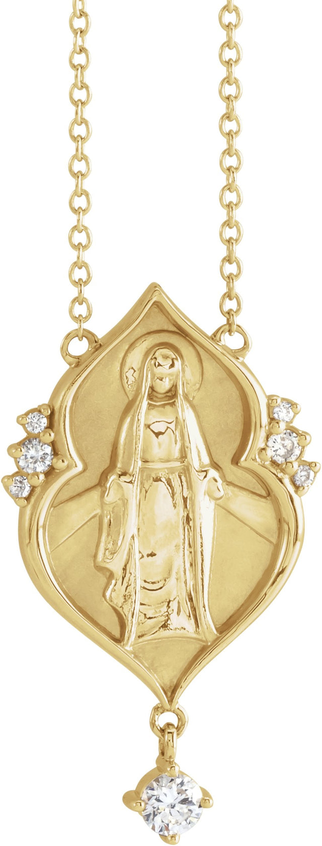 14K Gold Round Natural Diamond Miraculous Mary Rosary Necklace - Yellow Gold