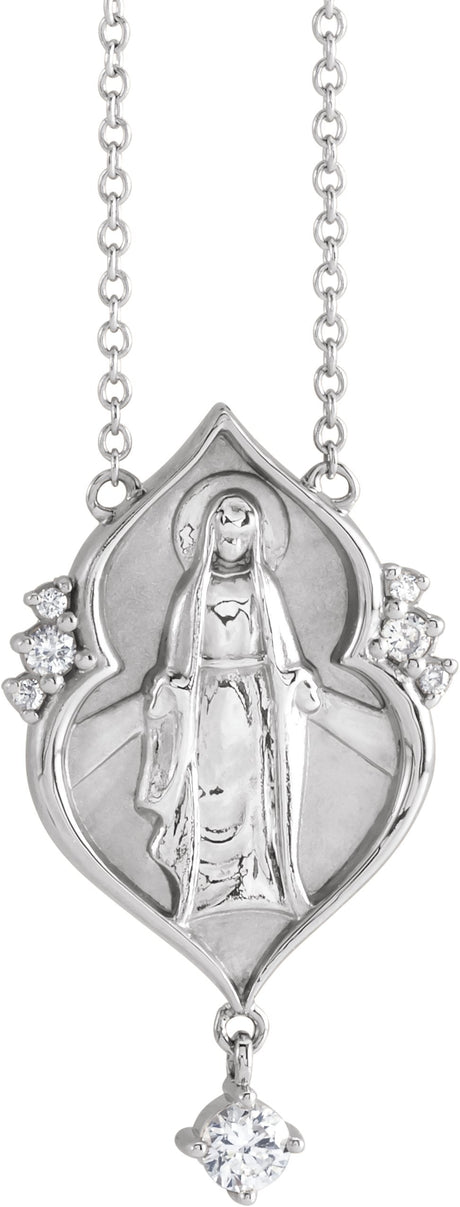 14K Gold Round Natural Diamond Miraculous Mary Rosary Necklace - White Gold