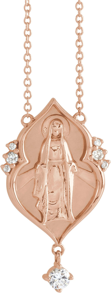 14K Gold Round Natural Diamond Miraculous Mary Rosary Necklace - Rose Gold