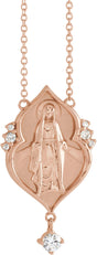 14K Gold Round Natural Diamond Miraculous Mary Rosary Necklace - Rose Gold