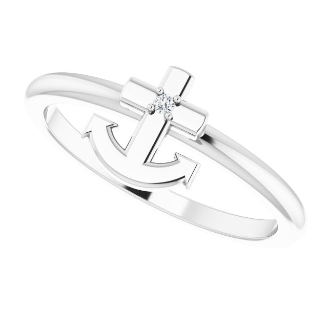 14K Gold Round Natural Diamond Cross Anchor Ring - White Gold - view 5