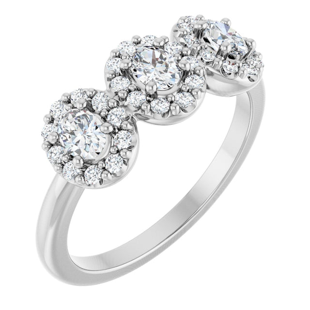14K Gold Oval Natural Diamond Three-Stone Halo-Style Anniversary Band - White Gold