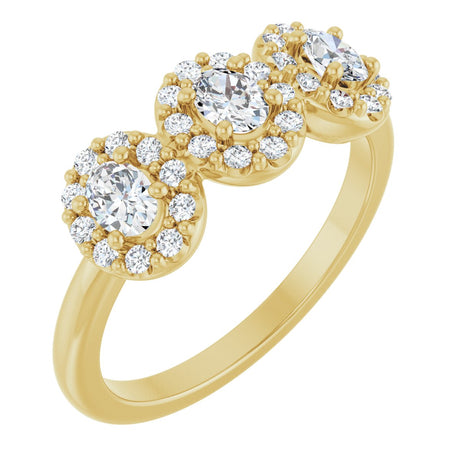 14K Gold Oval Natural Diamond Three-Stone Halo-Style Anniversary Band - Yellow Gold