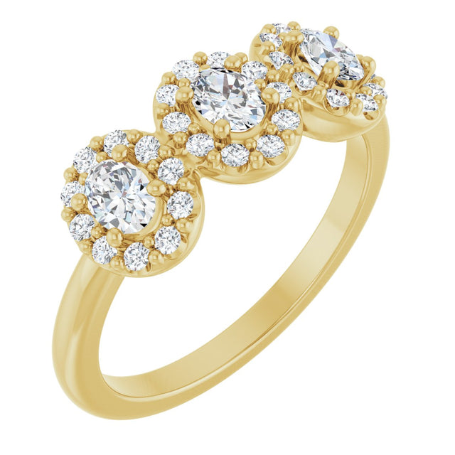 14K Gold Oval Natural Diamond Three-Stone Halo-Style Anniversary Band - Yellow Gold