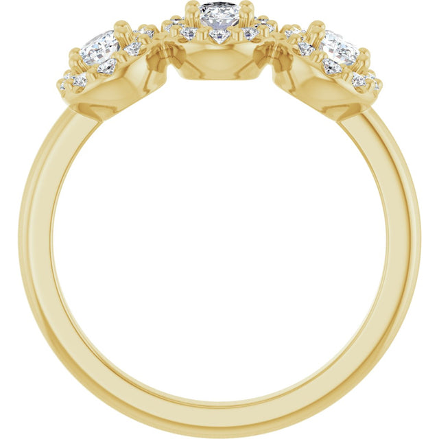 14K Gold Oval Natural Diamond Three-Stone Halo-Style Anniversary Band - Yellow Gold - view 2