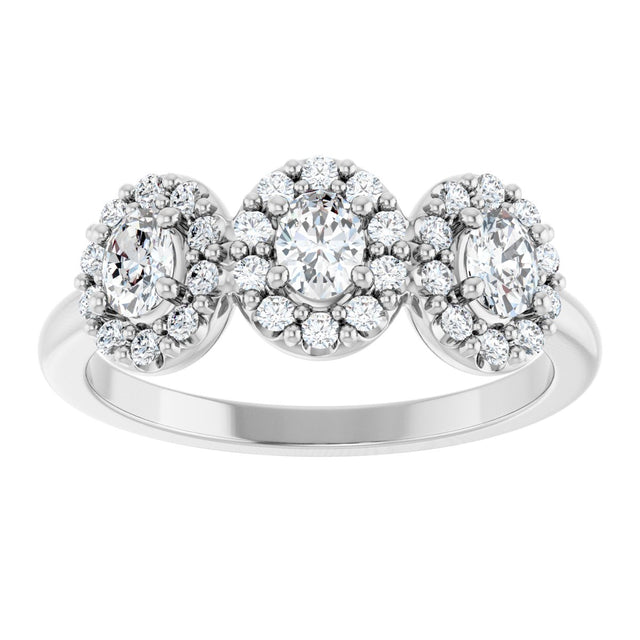 14K Gold Oval Natural Diamond Three-Stone Halo-Style Anniversary Band - White Gold - view 3