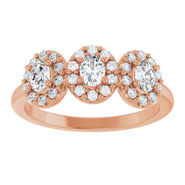 14K Gold Oval Natural Diamond Three-Stone Halo-Style Anniversary Band - Rose Gold - view 3