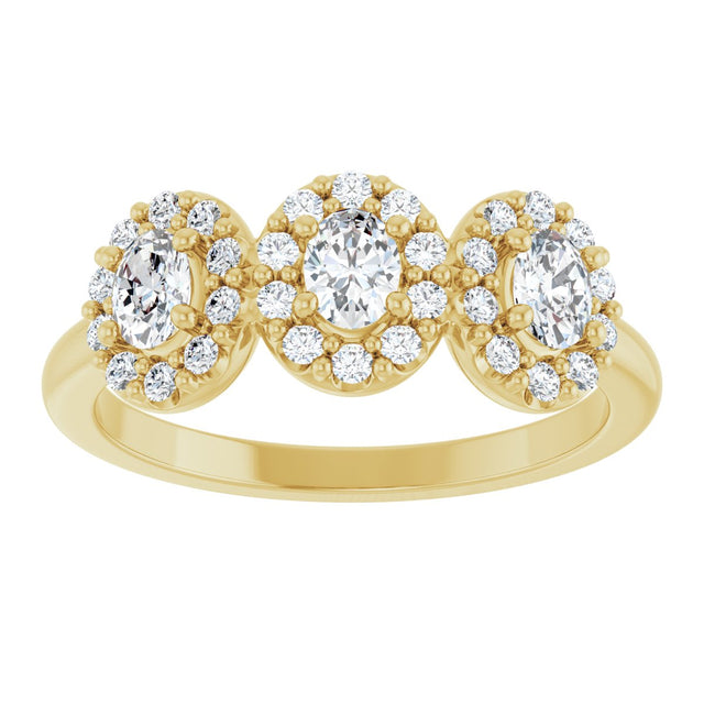 14K Gold Oval Natural Diamond Three-Stone Halo-Style Anniversary Band - Yellow Gold - view 3