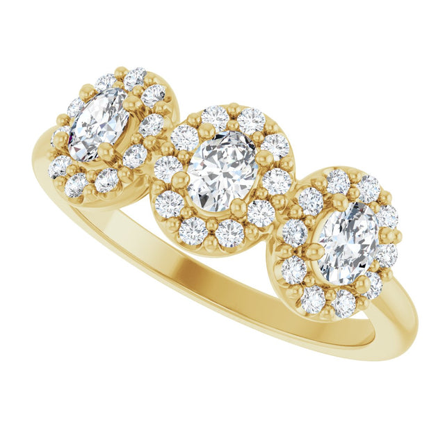 14K Gold Oval Natural Diamond Three-Stone Halo-Style Anniversary Band - Yellow Gold - view 5