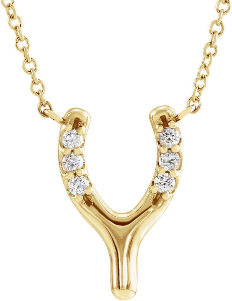14K Gold Round Natural Diamond Petite Wishbone Necklace - Yellow Gold