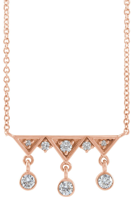 14K Gold Round Natural Diamond Fringe Bar Necklace - Rose Gold