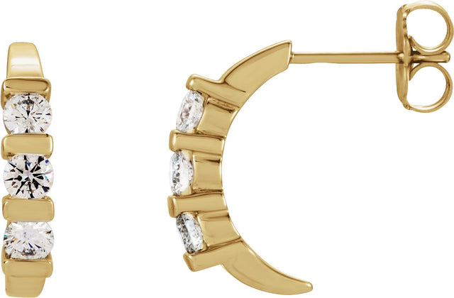 14K Gold Round Natural Diamond Three-Stone J-Hoop Earrings - Yellow Gold
