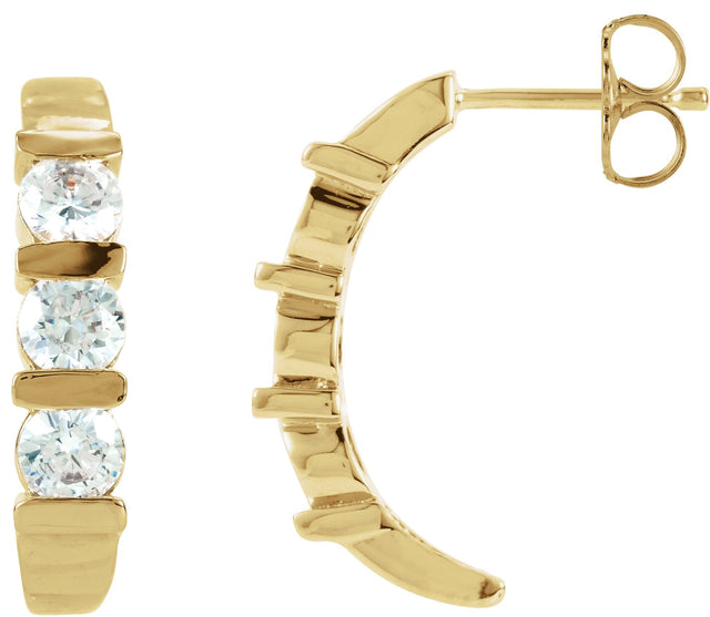 14K Gold Round Lab-Grown Diamond Three-Stone J-Hoop Earrings - Yellow Gold