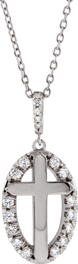 14K Gold Round Natural Diamond Halo-Style Cross Necklace or Pendant - White Gold