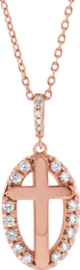 14K Gold Round Natural Diamond Halo-Style Cross Necklace or Pendant - Rose Gold