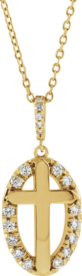 14K Gold Round Natural Diamond Halo-Style Cross Necklace or Pendant - Yellow Gold