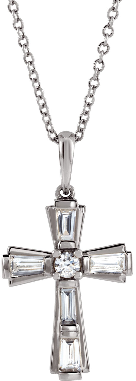14K Gold Round Natural Diamond Accented Baguette Cross Necklace or Pendant - White Gold
